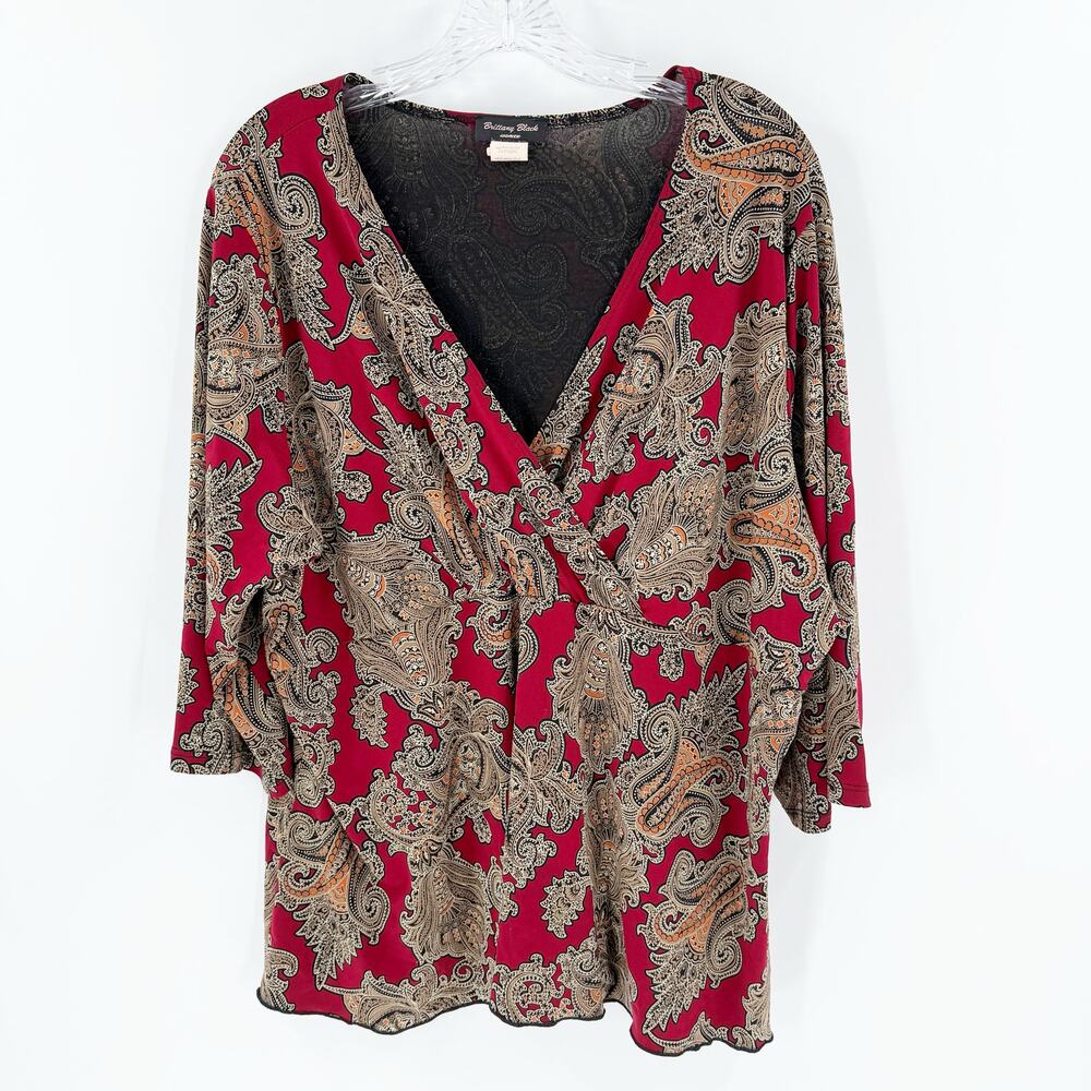 Brittany Black 2X Red Paisley Y2K Top Stretch Boho Plus Size Blouse USA